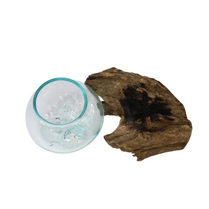Rare Earth Gallery GamalFlow Medium Melted Glass Bowl On Wood Base, Perfect Terrarium or Planter, Brown, About 8" Wide