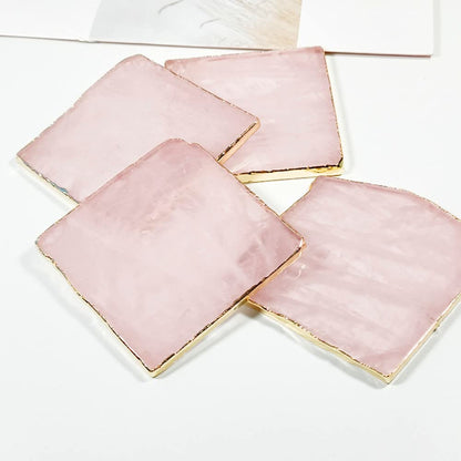 Rose Quartz Decor Coaster, Natural Pink Crystal Coasters Gold Edge Set of 4 (Square 3.5''-4)