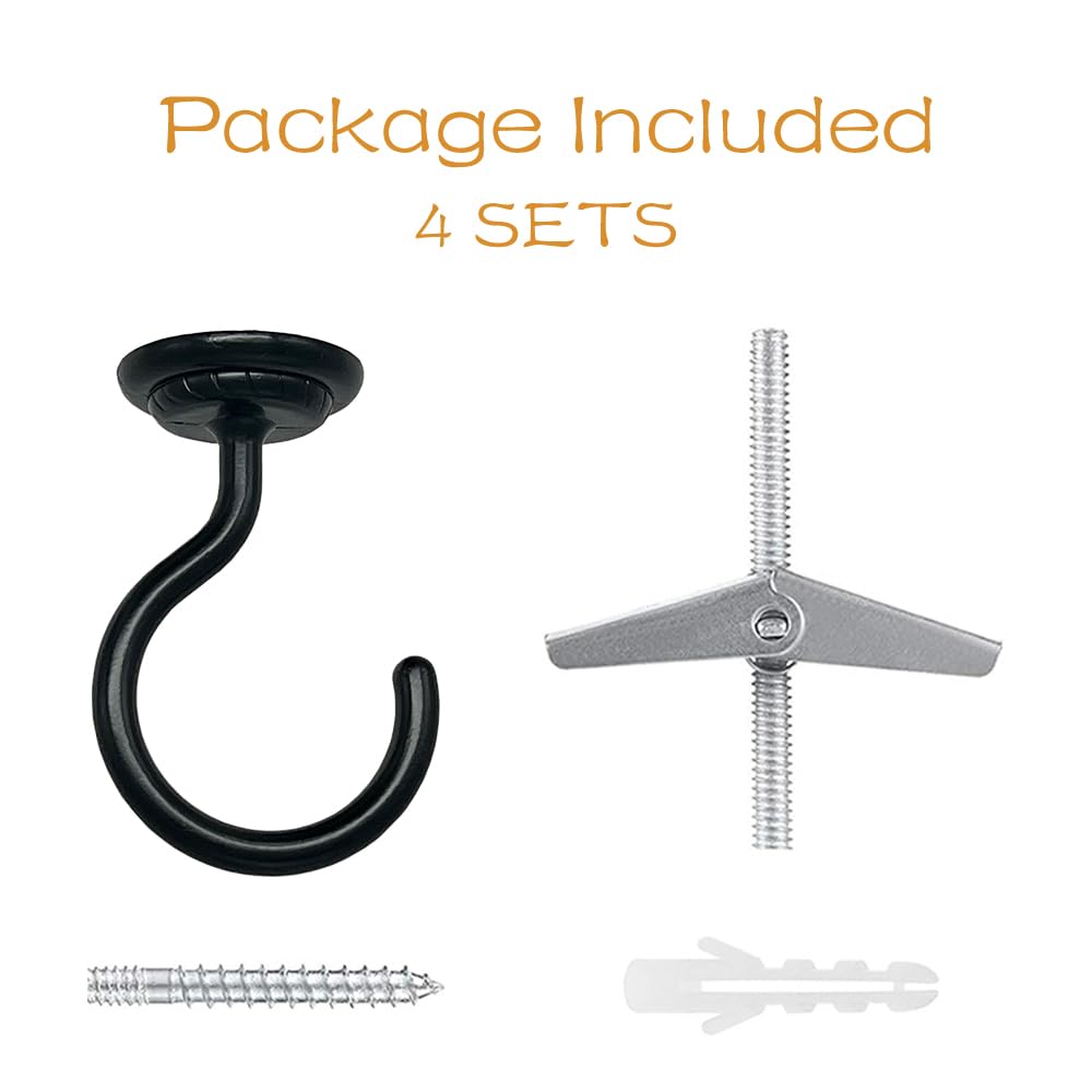 Lizntiate Ceiling Hook Large Swag Heavy Duty Hook with Hardware for Hanging Plants Ceiling Easy Installation Cavity Wall Dry Wall Indoor & Outdoor (4 Sets Black)