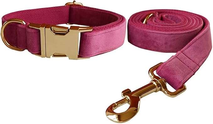 Love Dream Velvet Dog Collar and Leash Set, Soft & Comfy Adjustable Dog Leash and Collar with Heavy Duty Metal Buckle for Small Medium Large Dogs Training & Walking (XLarge, Rose)