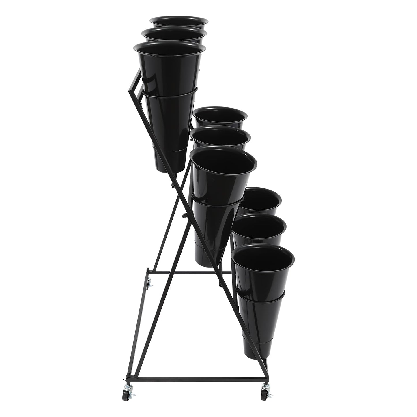 CNCEST Flower Display Stand With 9PCS Buckets,3 Layers Metal Plant Stand with Wheels,Moving Plant Cart Shelf Indoor Outdoor Flower Rack for Home Patio Balcony (Black, 3 Tier,9PCS)