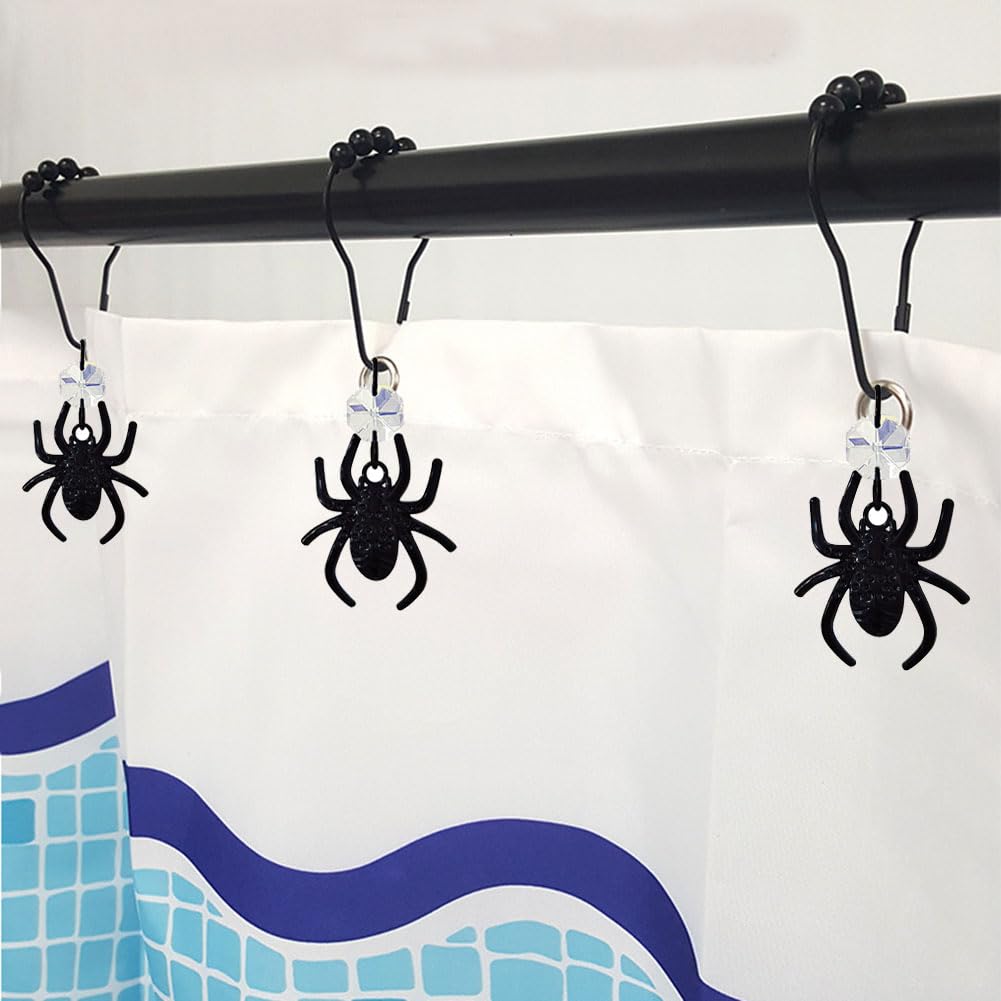 Black Spider Shower Curtain Hooks for Decorative Spiderman Bathroom Set，Stainless Steel Rustproof Shower Hooks, Halloween Boy Spiderman Theme Element Decor 12PCS (Black)