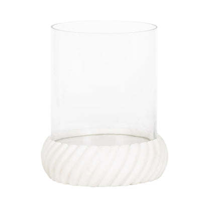 Kate and Laurel Trenza Modern Marble Candle Holder with Glass Cylinder, 8 x 8 x 9, White Marble, Transitional Twisted Base Pillar Candle Holder with Hurricane for Entryway or Living Room Decor