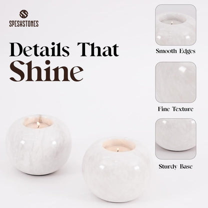 SPESHSTONES Marble Tealight Candle Holder 4 Inch White Votive Candle Holders for Centerpieces Dining Table & Small Tea Lights Candles Set of 2 for Birthday & Wedding Decor