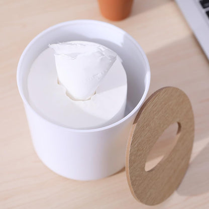 Cabilock Round Tissue Box Cover - Wooden Toilet Paper Holder Case and Facial Tissue Dispenser for Bathroom, Kitchen, Living Room (Boho Decor, 2Pcs)