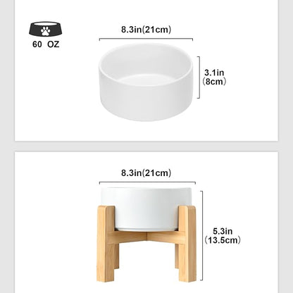 SPUNKYJUNKY Ceramic Elevated Dog Bowls 2 Pack - 8.3inch Raised Dog Bowls with Non-Slip Wooden Stand for Large Dogs Dishwasher Safe(White,60OZ*2)