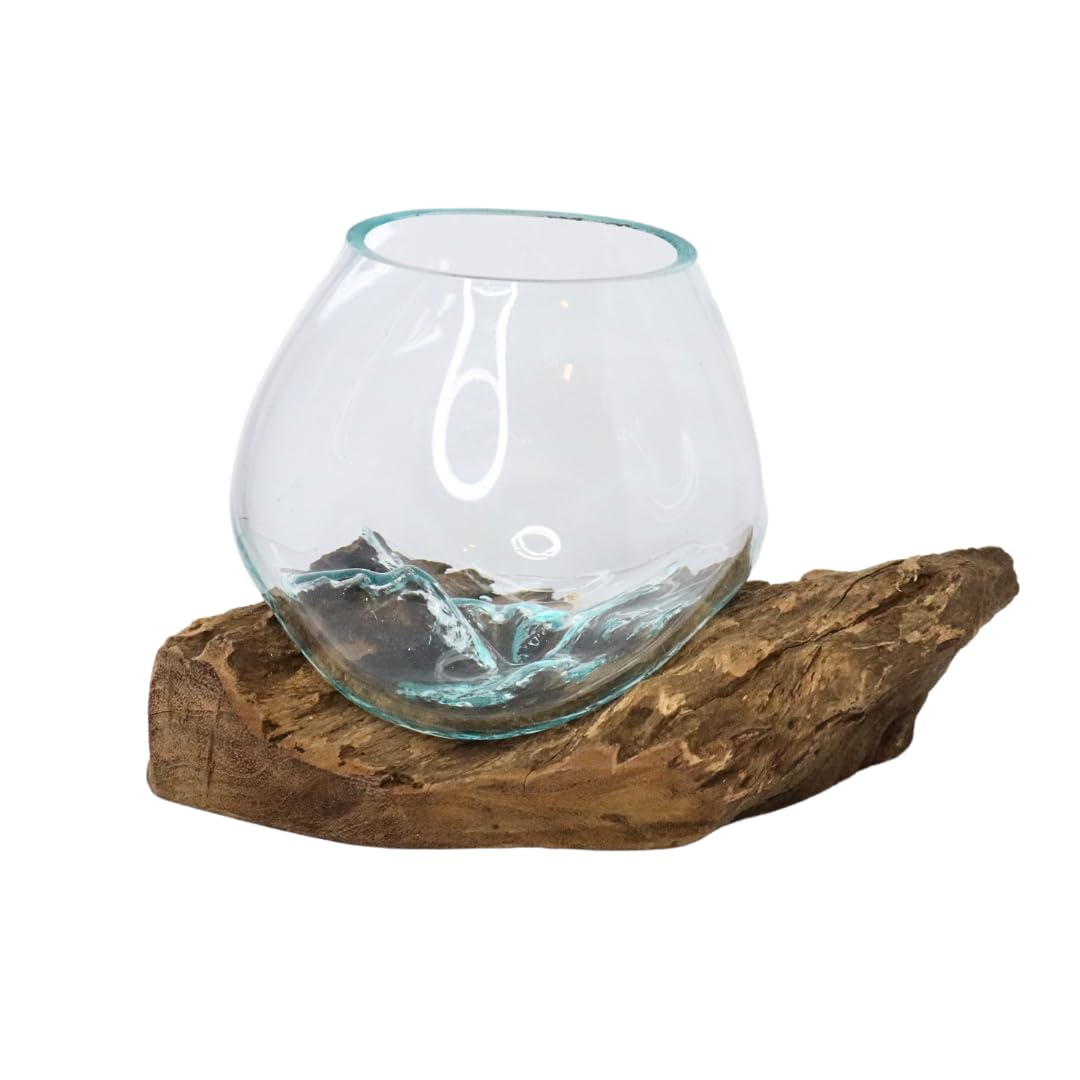 Rare Earth Gallery GamalFlow Medium Melted Glass Bowl On Wood Base, Perfect Terrarium or Planter, Brown, About 8" Wide