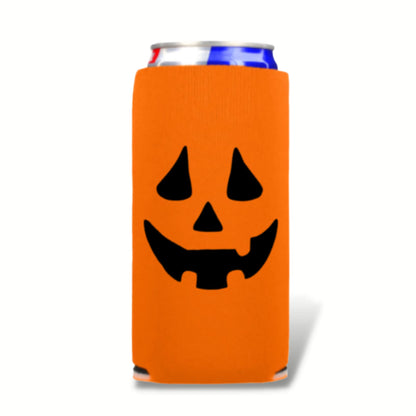 Halloween Jack-O-Lantern Slim Can Cooler - Halloween Skinny Coolies - Pumpkin Halloween Party Gift - Halloween Costume - Halloween Party (Orange)