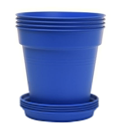 Mintra Garden Pots, 4 Pack Bulk Plastic Plant Pots with Drainage Tray, Round Indoor & Outdoor Decorative Planters with Drain Holes for Flowers, Herbs & Plants, 19cm Diameter – Blue, 7.5 in