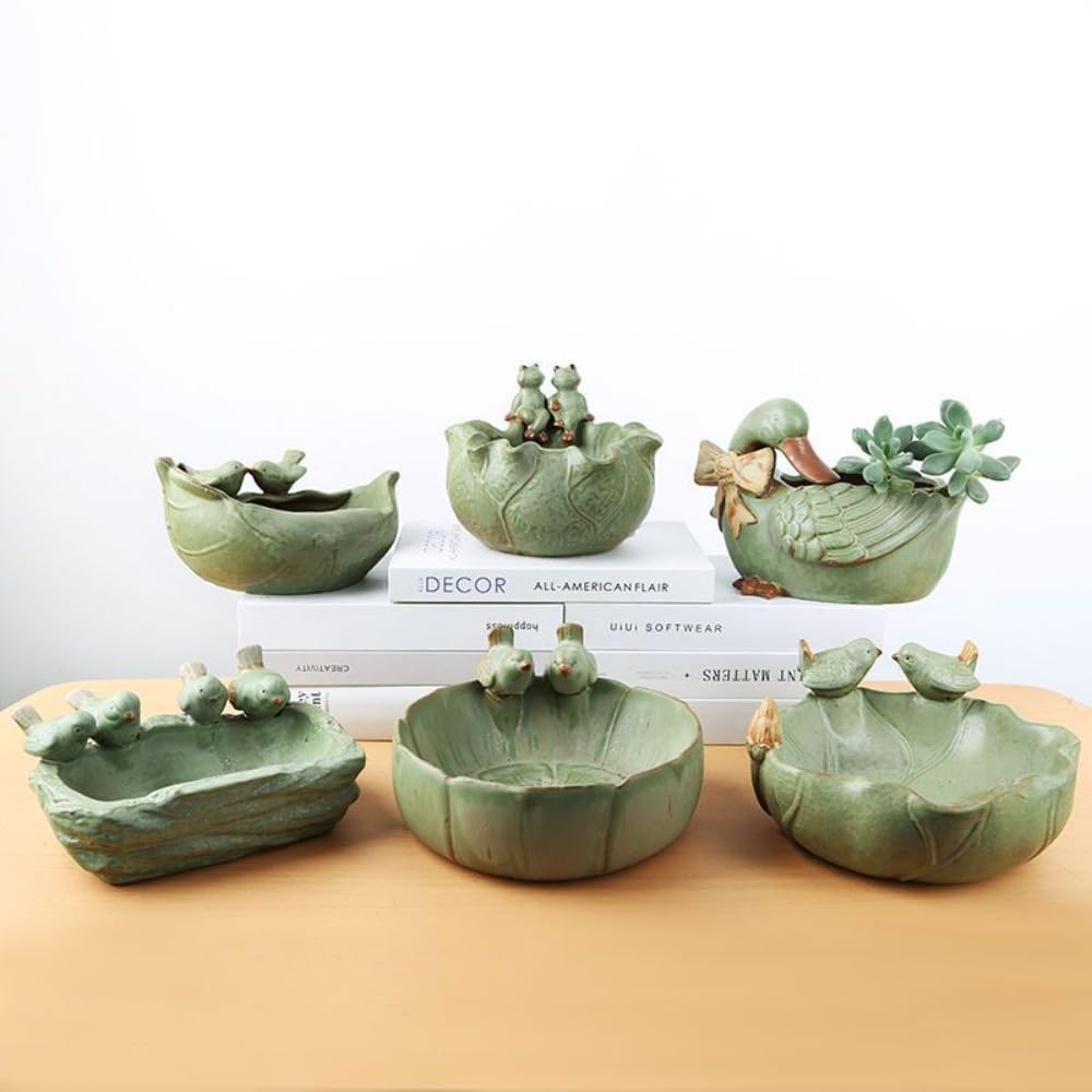 Ceramic Succulent Pot, Handmade Animals Bird Succulent Planter/Plant Pot/Flower Pot/Bonsai Pot for Herb, Succulent,Cactus Container Large-Caliber for Home Decor (Four Birds)