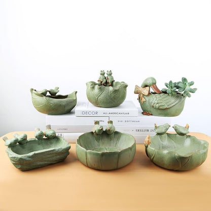 Ceramic Succulent Pot, Handmade Animals Bird Succulent Planter/Plant Pot/Flower Pot/Bonsai Pot for Herb, Succulent,Cactus Container Large-Caliber for Home Decor (Four Birds)