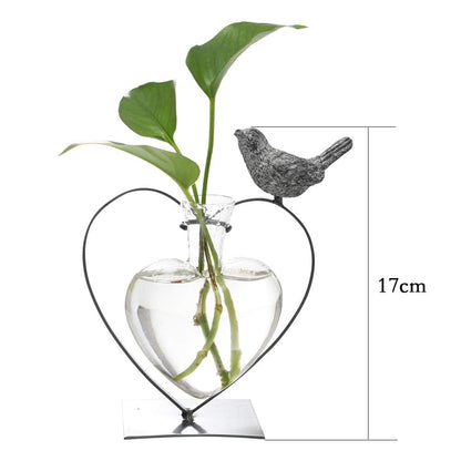 Marbrasse Desktop Glass Vase, Bulb Glass Vases for Holder, Creative Bird with Heart Planter Vase, Plant Terrarium Metal Stand for Modern Office Home Wedding Decorations