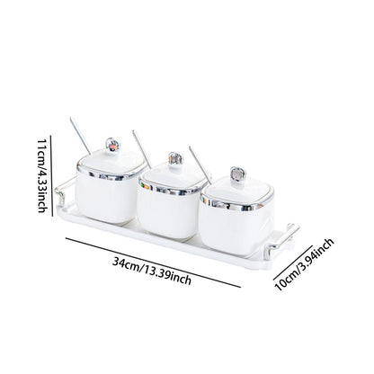 Bothyi Ceramic Condiment Jar Set with Spoon and Iron Tray, 3-Jar Spice Container for Salt Sugar Pepper, Countertop Kitchen Storage