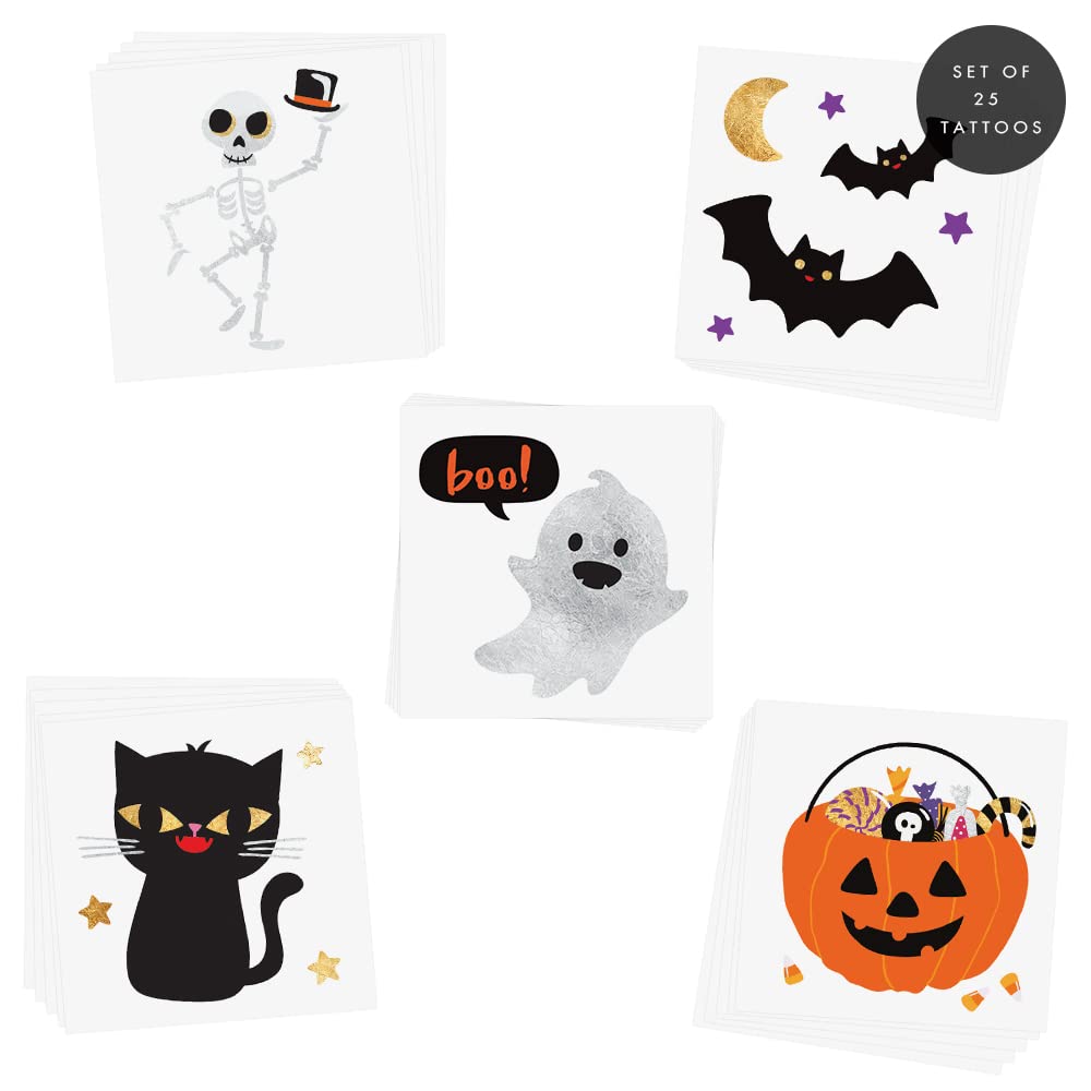 Flash Tattoos CUTE N SPOOKY VARIETY SET of 25 assorted Halloween-inspired premium waterproof metallic gold & silver jewelry temporary foil party tattoos - Party Supplies, gold tattoo, bat, pumpkin