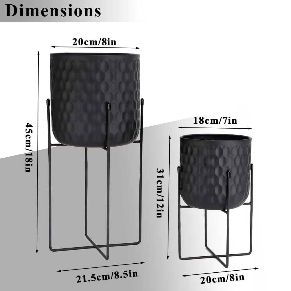TRIROCKS Set of 2 Planters with Stand Indoor Outdoor Metal Plant Stand 8 * 18 &7 * 12 "Modern Planters Flower Pots for Living Room Corner Kitchen Office Garden Balcony Patio Decor(Black)