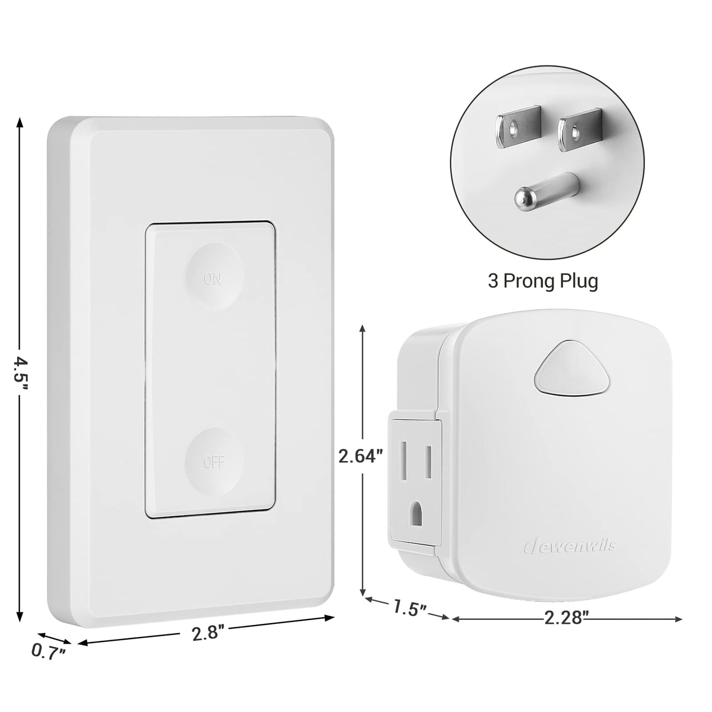 DEWENWILS Wireless Remote Wall Switch and Outlet, No Wiring Remote Control Outlet Light Switch, Expandable, 15A/1875W, 100ft RF Range, Compact Side Plug, ETL Listed (1 Outlet and 2 Remotes)