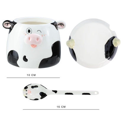 Bicuzat Cute Cow Pattern Ceramic Sugar Bowl, Cow Shaped Salt Bowl with Lid Spoon Set, 15 OZ