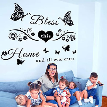Vinyl Wall Stickers Quotes Art Decal Sticker Bless This Home and All Who Enter Wall Decals Flowers Butterfly Wall Decor Sticker for Entryway Living Room Home Decor