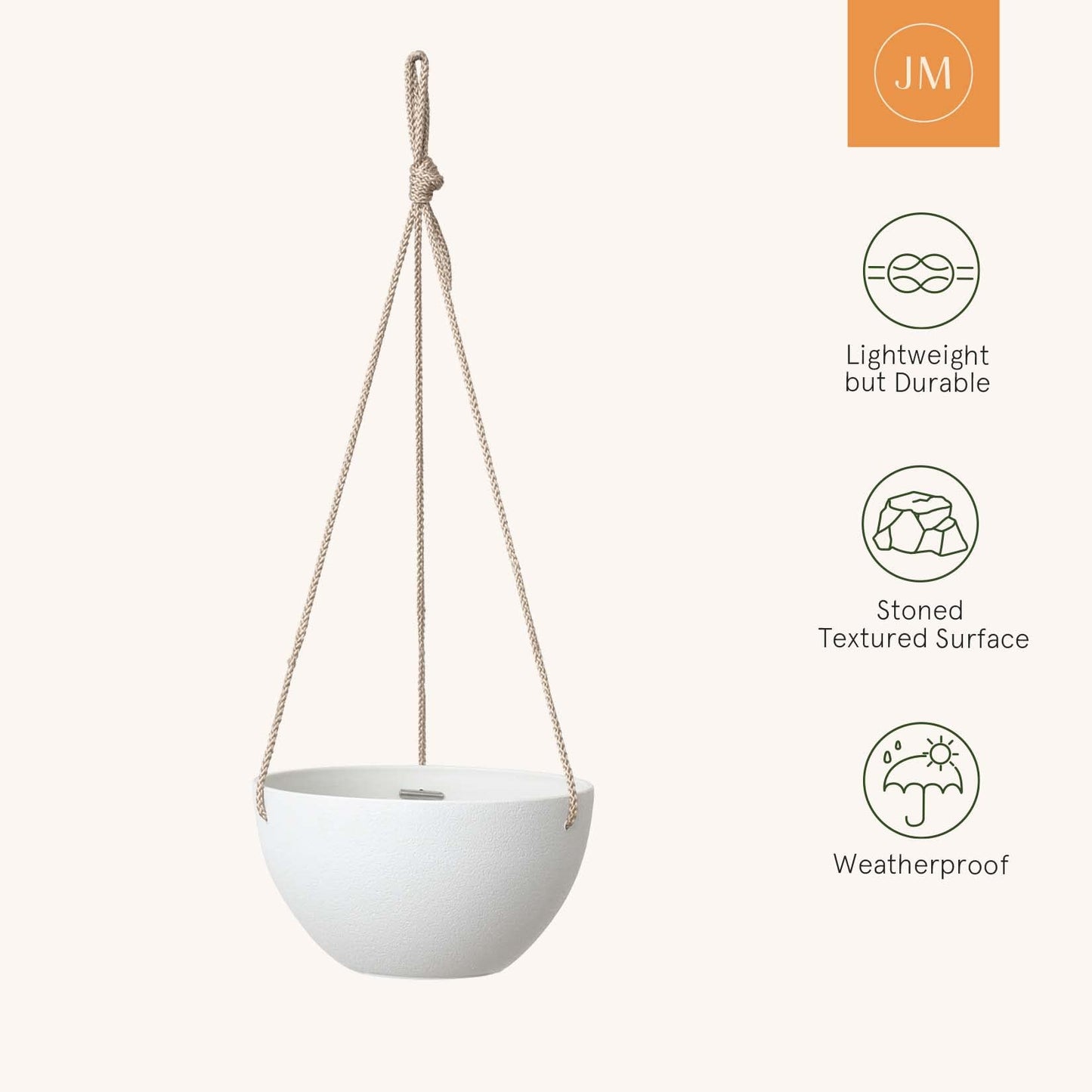 LA JOLIE MUSE White Hanging Planter Basket - 8 Inch Indoor Outdoor Flower Pots, Plant Containers W/Drainage Hole, Plant Pot for Hanging Plants, Pack 2