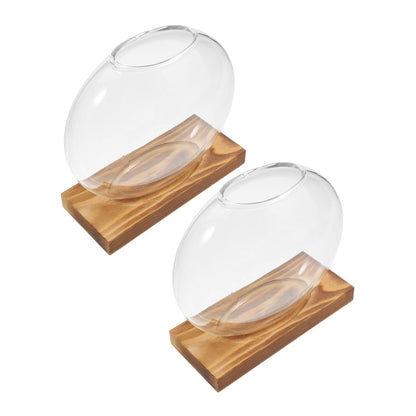 DEARMAMY 2pcs Glass Propagation Vase with Wooden Base, Indoor Hydroponic Plant Planter, Desktop Terrarium for Greenery, Home Office Shelf Decoration