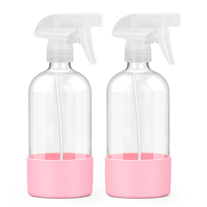 Worldgsb 2 Pack Glass Spray Bottles with Silicone Sleeve, 16 oz Empty Refillable Containers with Adjustable Spray Nozzles, Spray Bottles for Hair, Cleaning Solutions and Plants Pink