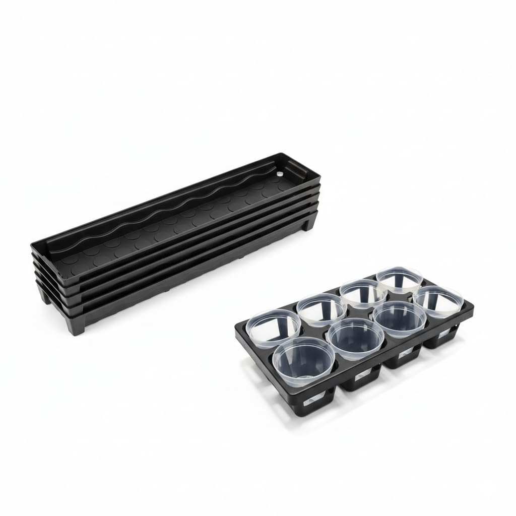RooTrimmer 5 Pack Rectangular Window Sill Plant Pot Trays, 10 Pack 8 Cell Nursery Pot Trays with Clear Round Pots 80pcs