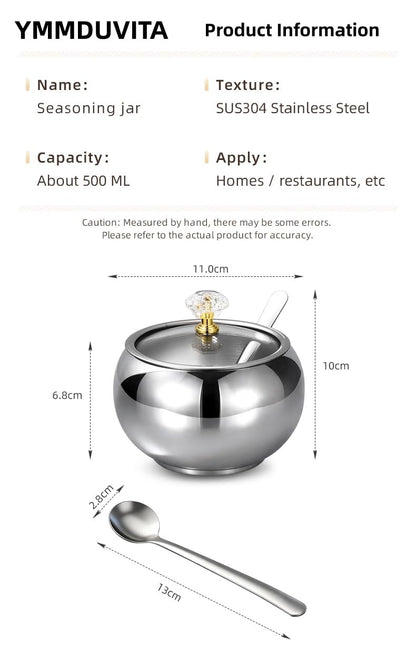 YMMDUVITA Stainless Steel Sugar Bowl with Lid & 2 Spoons, 500ml Container for Kitchen, Ideal for Storing Sugar, Coffee, and Spices