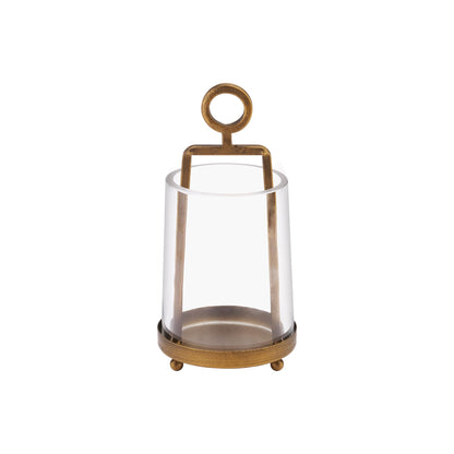 Twakutwaku 3.3" Wide Modern Farmhouse Metal Hurricane Candle Holder with Handmade Sturdy Glass Sleeve in Antique Brass for Pillar Candle & Plants, Glass Hurricane Lantern, Industrial, Minimalistic
