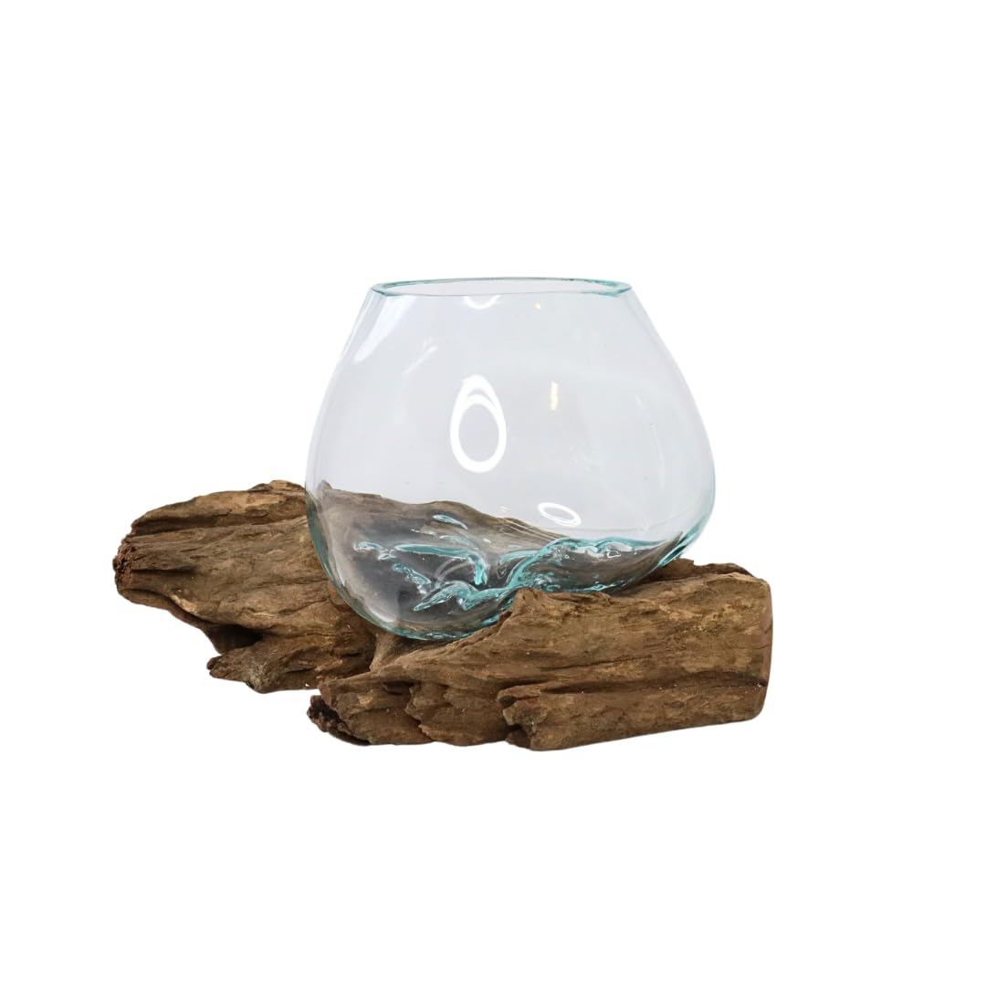 Rare Earth Gallery GamalFlow Medium Melted Glass Bowl On Wood Base, Perfect Terrarium or Planter, Brown, About 8" Wide