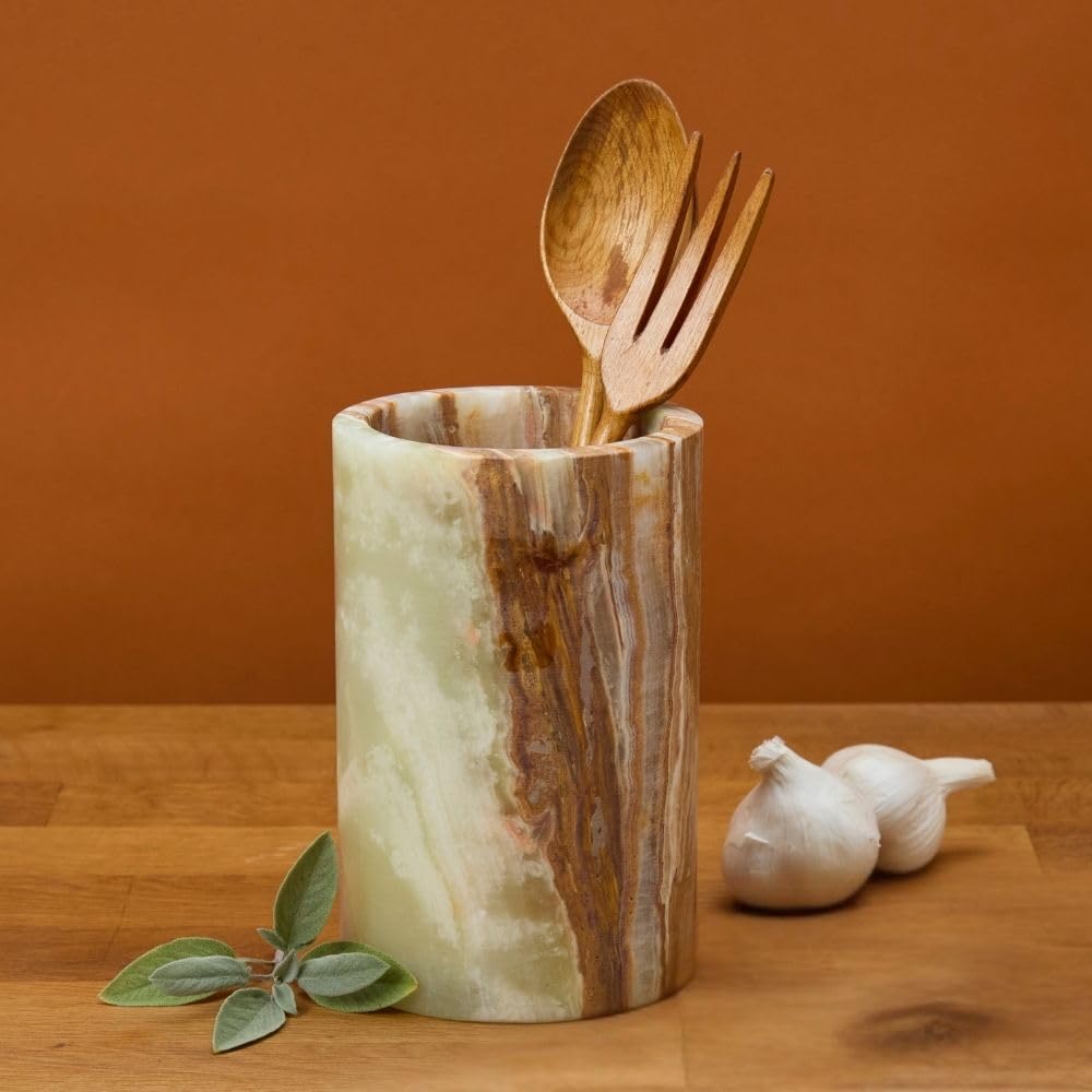 Stone Utensil Holder for Kitchen Countertop, Onyx Marble Stone, 7 Inch Tall
