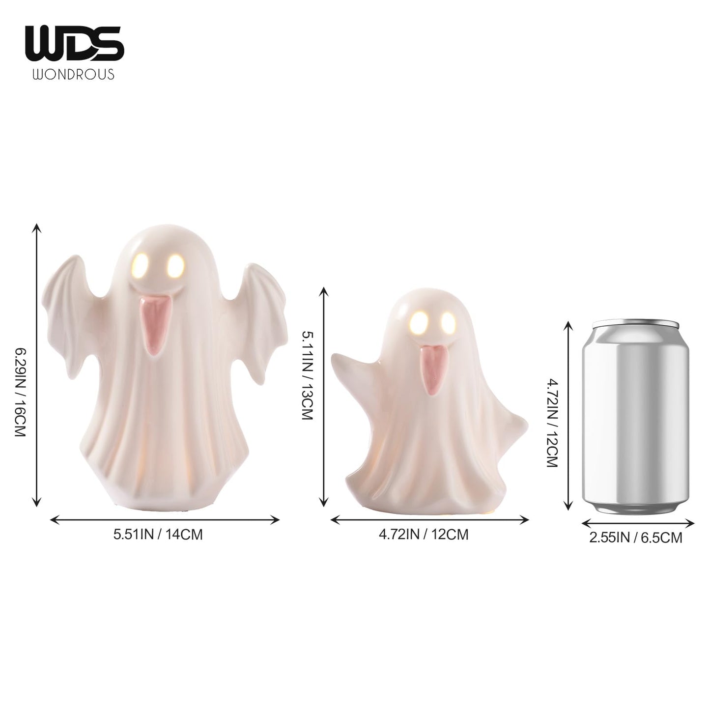 WDS WONDROUS Light Up Halloween Ghost Decorations Set of 2, Cute Ghost Figurines with Witch Hat Halloween Decor, Ceramic Ghosts Light for Indoor Fall Table Decor, Home Tiered Tray Fireplace