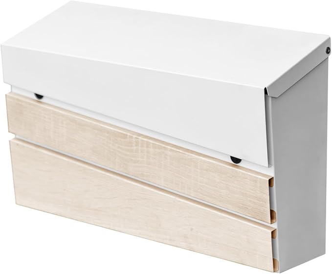 Wall-Mount Mailbox, White Walnut Wood Panel, Rust Resistant Large Capacity House Mailbox, Modern Drop Mailboxes for Outside, Metal Post Box (No Keys Locking)