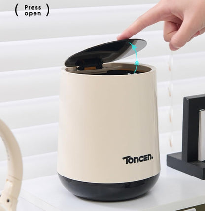 Mini Desk Trash Can with Top Lid Small Table Round Wastebasket Mini Garbage Cans Waste Bin for Office Home Living Room Car (Beige)