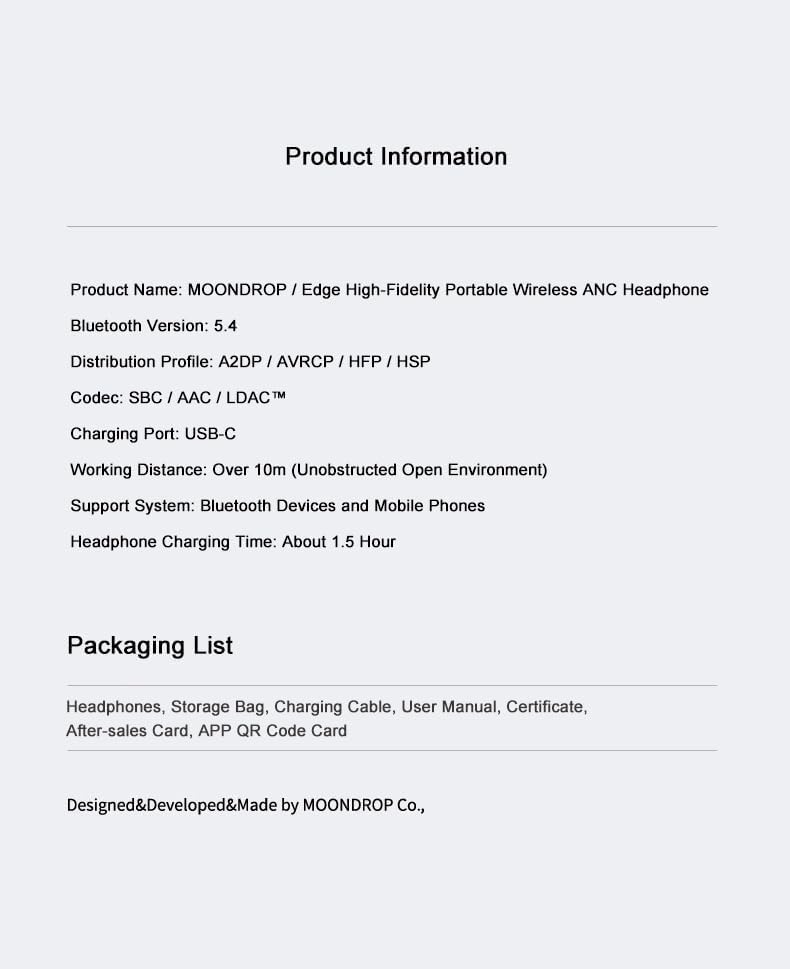 Moondrop Edge Full-Scene Immersive Series Hi-Fi Portable Wireless ANC Headphone Foldable Lightweight Headphone (Grey)