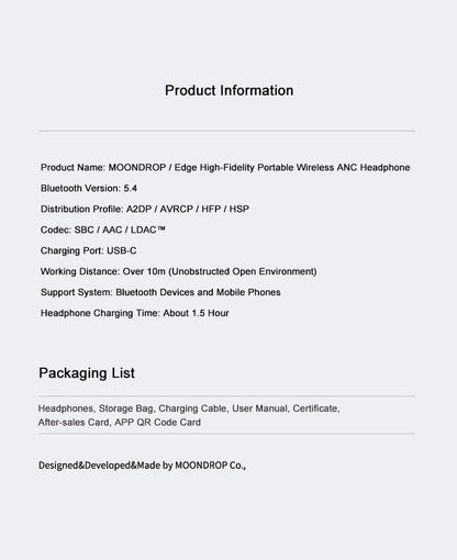 Moondrop Edge Full-Scene Immersive Series Hi-Fi Portable Wireless ANC Headphone Foldable Lightweight Headphone (Grey)