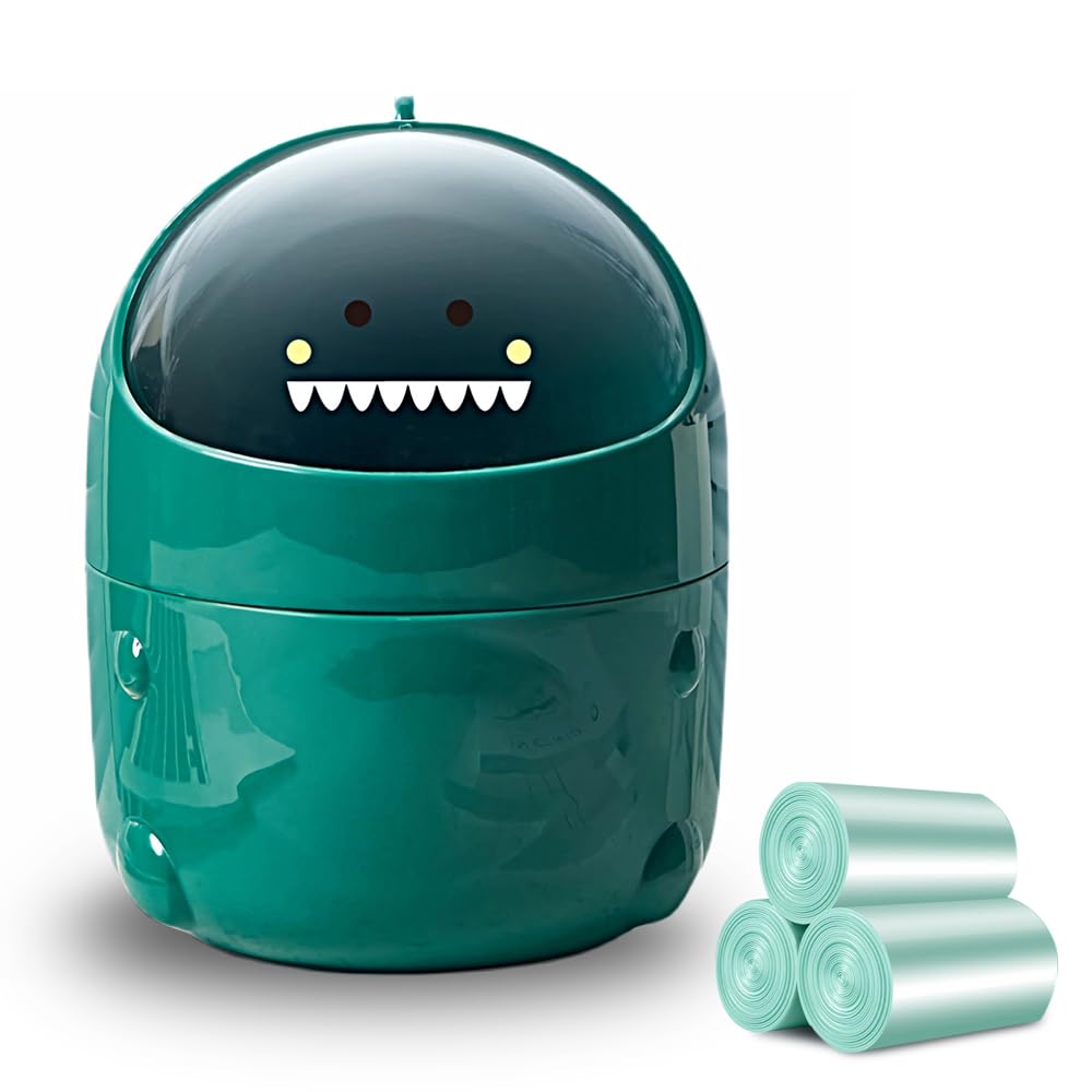 TIE-DailyNec Desktop Trash Can with 90 Trash Bags, Cute Trash Can Creative Waste Basket Storage bin, Plastic Garbage Can for Kitchens Offices Bathrooms Dressing Table (Green)