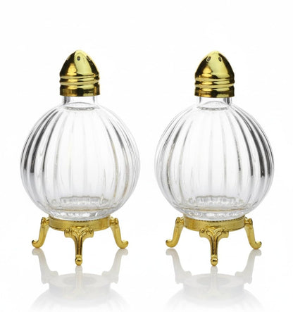 Decorative Glass Salt and Pepper Shakers, Globe Design, Gold-Silver Tone Metal Stand, Set of 2 (Gold)
