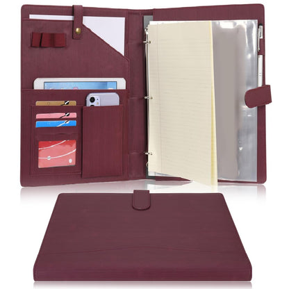 Wonderpool A4 PU Leather Portfolio Holder Ring File Document Case with Removable Binder Clipboard, Multi Pocket and Legal Pad for Business Organizer Interview and Meeting (Wine red)