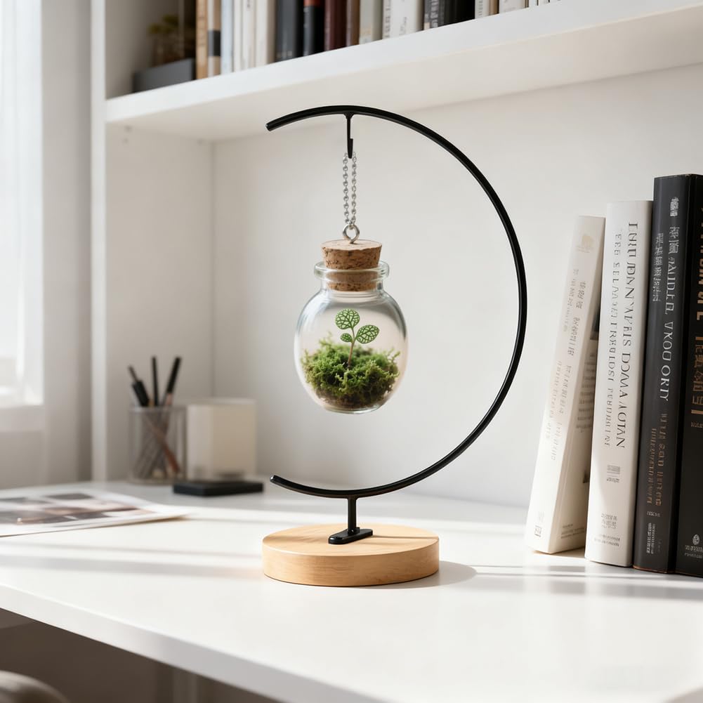 Yearchy Ornament Display Stand Metal Shelf Brackets Iron Pothook Stand for Hanging Glass Terrarium/Picture (G-Shaped Wood Base, Black)