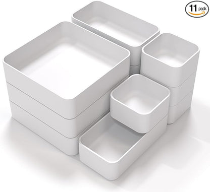 CHANCETSUI 11-Piece Stackable Drawer Organizer Set, Multi-size Desk Drawer Organizer Trays Vanity Storage Bins for Storing Makeup, Stationery, Utensils in Bathroom Dresser, Office and Kitchen