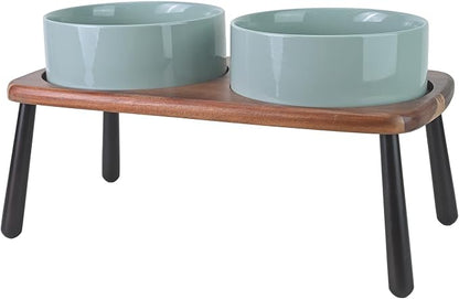 SPUNKYJUNKY Ceramic Elevated Dog Bowls Raised with Acacia Bamboo Wooden Stand, 8.3'' Dog Food Water Bowls Set Non-Slip for Medium Large Sized Breed Microwave Dishwasher Safe - 60 OZ,Light Green