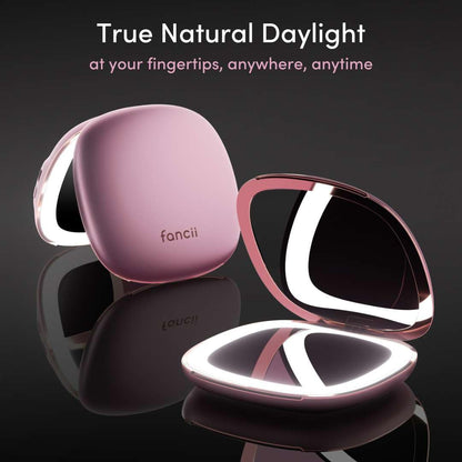 Fancii Compact Makeup Mirror with Natural LED Lights, 1x/ 10x Magnifying - Rechargeable, Portable, Lighted 4” Hand Mirror for Travel and Purses, Mila (Berry Crush)
