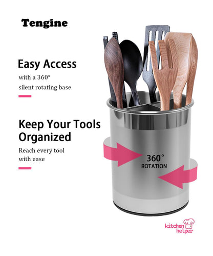 TENGINE Stainless Utensil Holder 360° Rotating 6.5X5.25 Inch Utensil Crocks for Kitchen Counter with Removable Divider Red