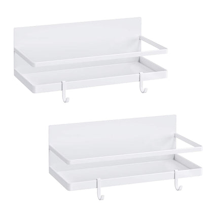 Magnetic Spice Rack, Thipoten Strong Magnetic Shelf with 2 Removable Hooks, Perfect Space Saver for Small Kitchen/ Apartment, Awesome Metal Cabinet for Holding Spices, Jars, Salt (White, 2Pack)