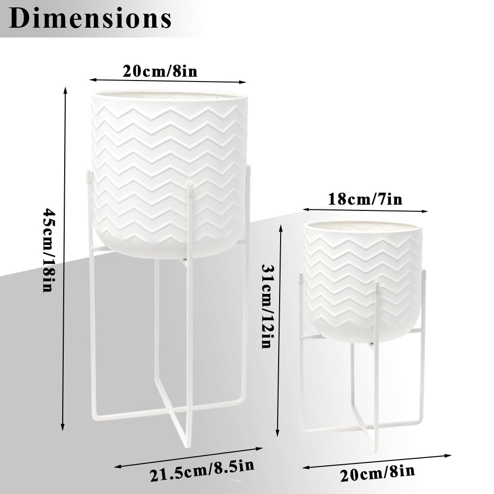 TRIROCKS Set of 2 Planters with Stand Indoor Otdoor Metal Plant Stand 18&12" Tall Modern Planters Flower Pots for Living Room Corner Kitchen Office Garden Balcony Patio Decor(White)