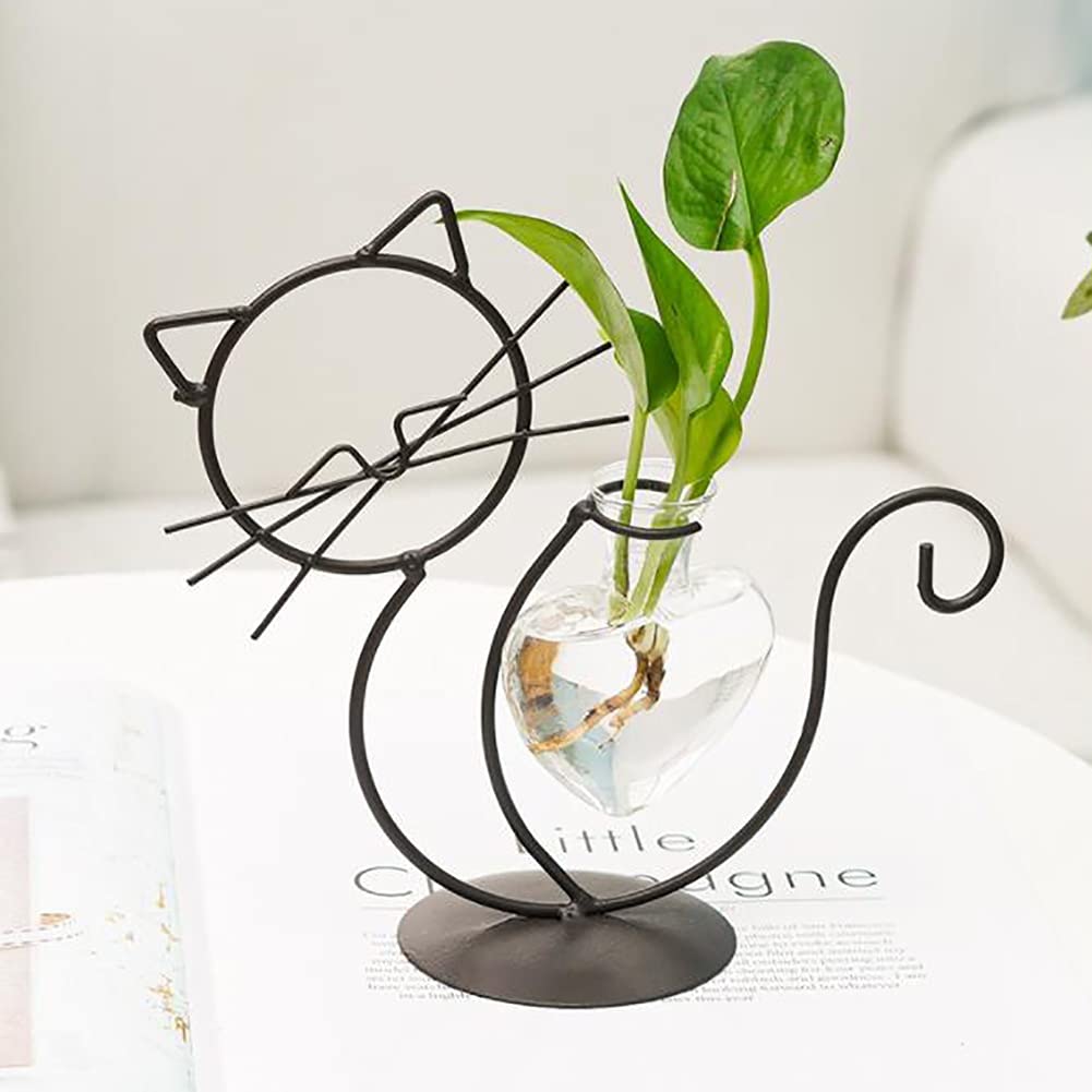 Lifeuping Desktop Heart Glass Planter Vase Holder, Cat Plant Metal Stand Cat Gifts for Hydroponics Plants Terrarium Home Garden Decor Outdoor Planter Ideas Cat Lovers
