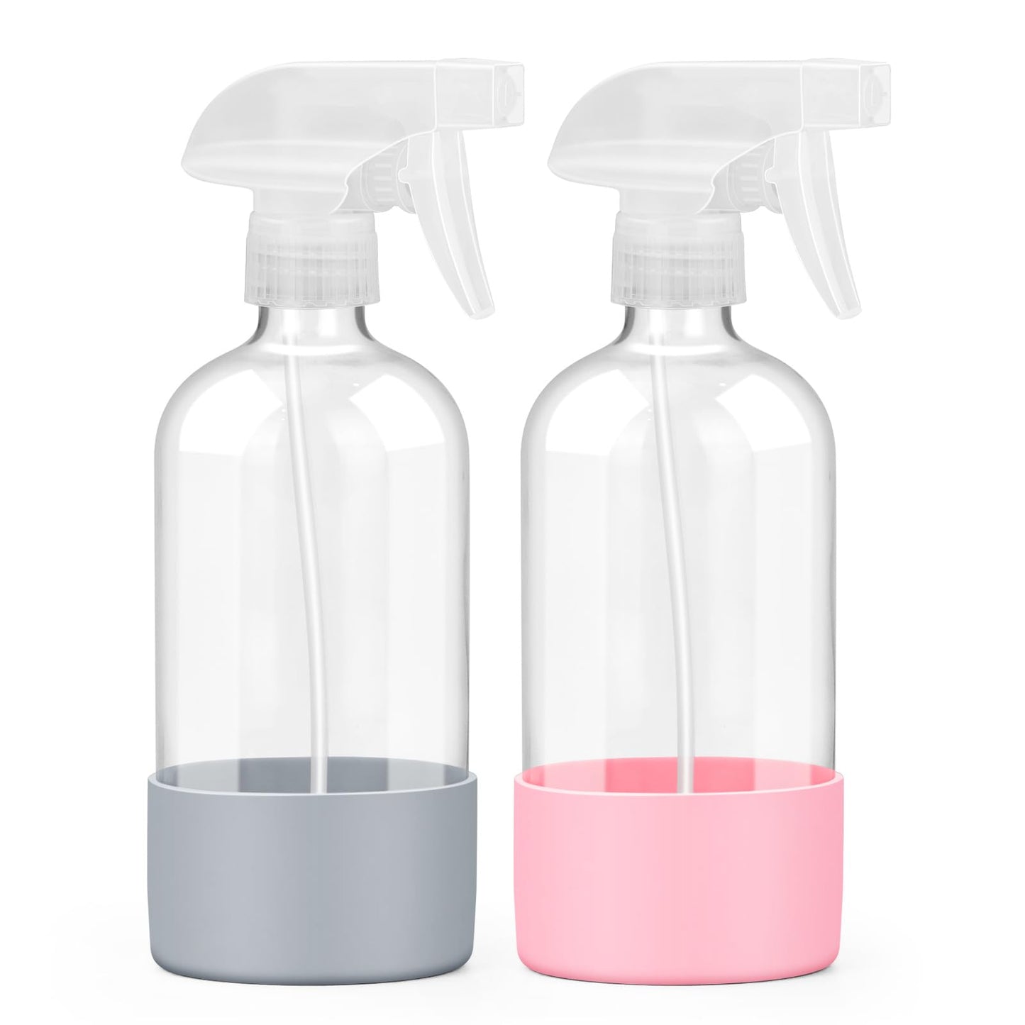 Worldgsb 2 Pack Glass Spray Bottles with Silicone Sleeve, 16 oz Empty Refillable Containers with Adjustable Spray Nozzles, Spray Bottles for Hair, Cleaning Solutions and Plants Pink&Grey