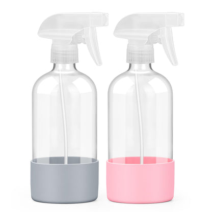 Worldgsb 2 Pack Glass Spray Bottles with Silicone Sleeve, 16 oz Empty Refillable Containers with Adjustable Spray Nozzles, Spray Bottles for Hair, Cleaning Solutions and Plants Pink&Grey