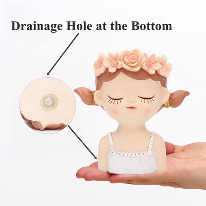 4.35" Cute Head Planter Resin Succulent Pot - Little Girl Flower Container, Human Face Cactus Plants Bonsai Holder, Thumb Fairy Figurine Statue With Drainage - Decor Gift