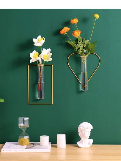 2 Pack Gold Metal Vase,Wall Flower Vase,Geometric Vase,Clear Glass Vase Hydroponic Hanging Plants,Decorative Vase for Fridge,Window,Home,Party (Gold 2)